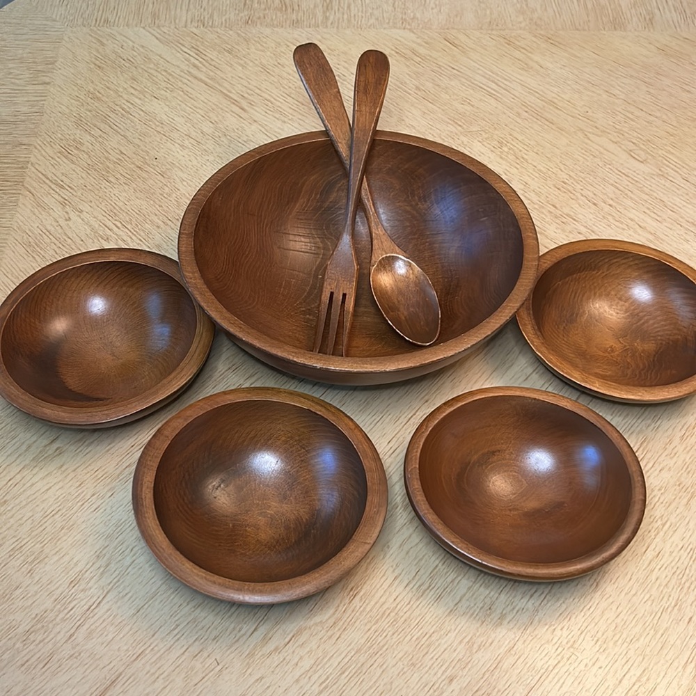 Vintage Woodcroftery Salad Serving Bowl, 4 Salad Bowls and Fork/Spoon (7 pieces)